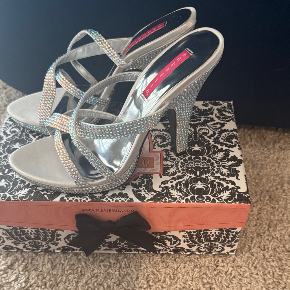 Bordello Silver Heels with Rhinestone Straps